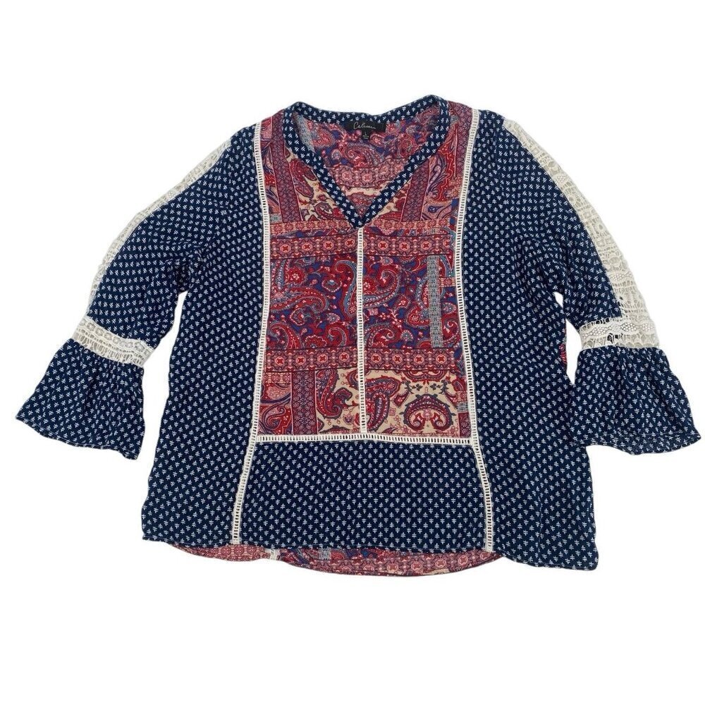 Calessa Boho Floral Mixed Media Bell Sleeve Blouse Eyelet Crochet Size Large